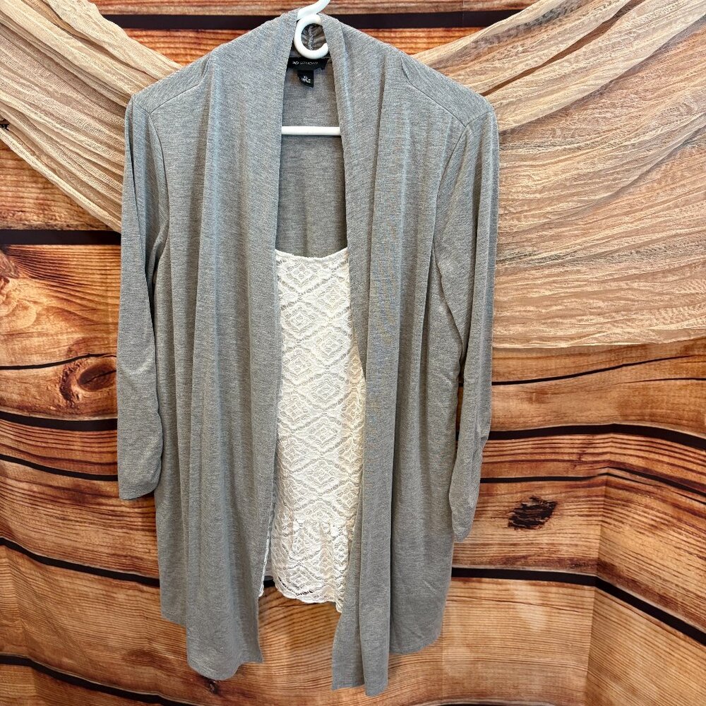 AB Studio Women's Layered Cardigan with Lined Lace‎ Top Gray/White Size XL